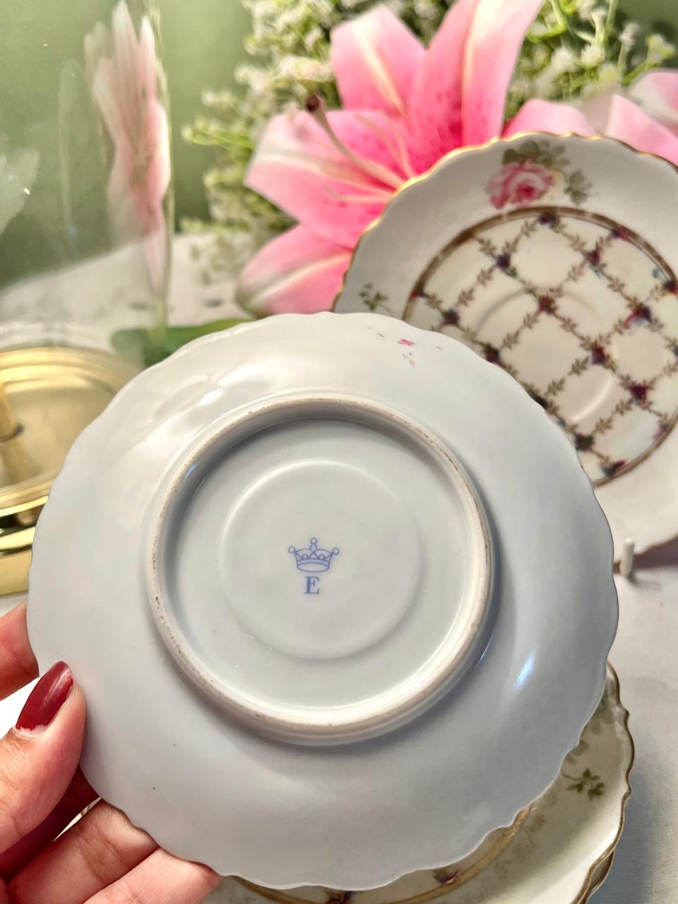 Vintage Pink Rose Lattice Plates Gold Trim Set of 4