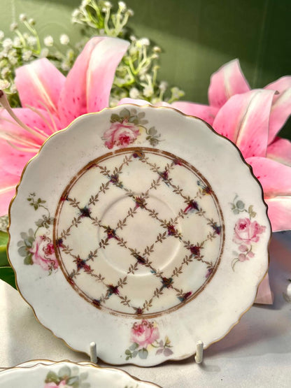 Vintage Pink Rose Lattice Plates Gold Trim Set of 4