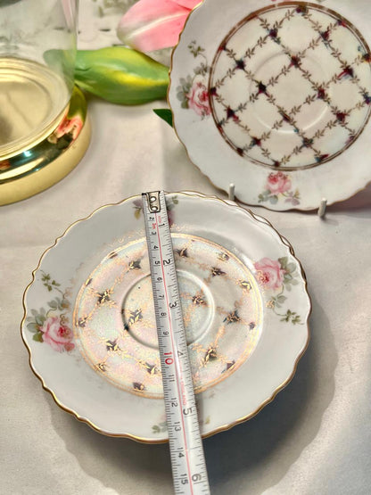 Vintage Pink Rose Lattice Plates Gold Trim Set of 4