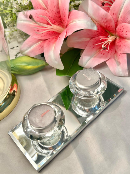Vintage Crystal Candle Holder Set Mirrored Base 8 in