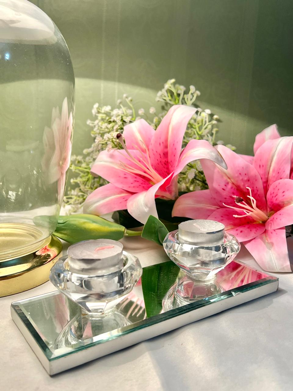 Vintage Crystal Candle Holder Set Mirrored Base 8 in