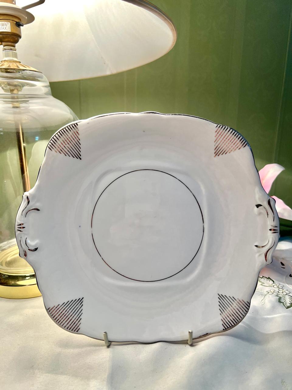 English Bone China Square Cake Plate Brown Trim 20cm
