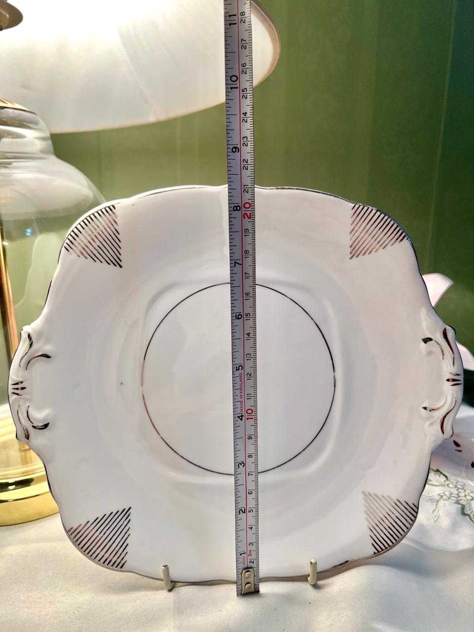 English Bone China Square Cake Plate Brown Trim 20cm
