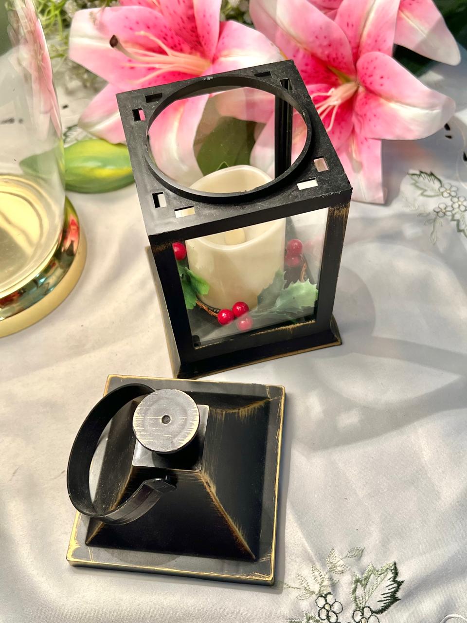 Vintage Black & Gold Candle Lantern Clear Crystal Panels (battery operated)