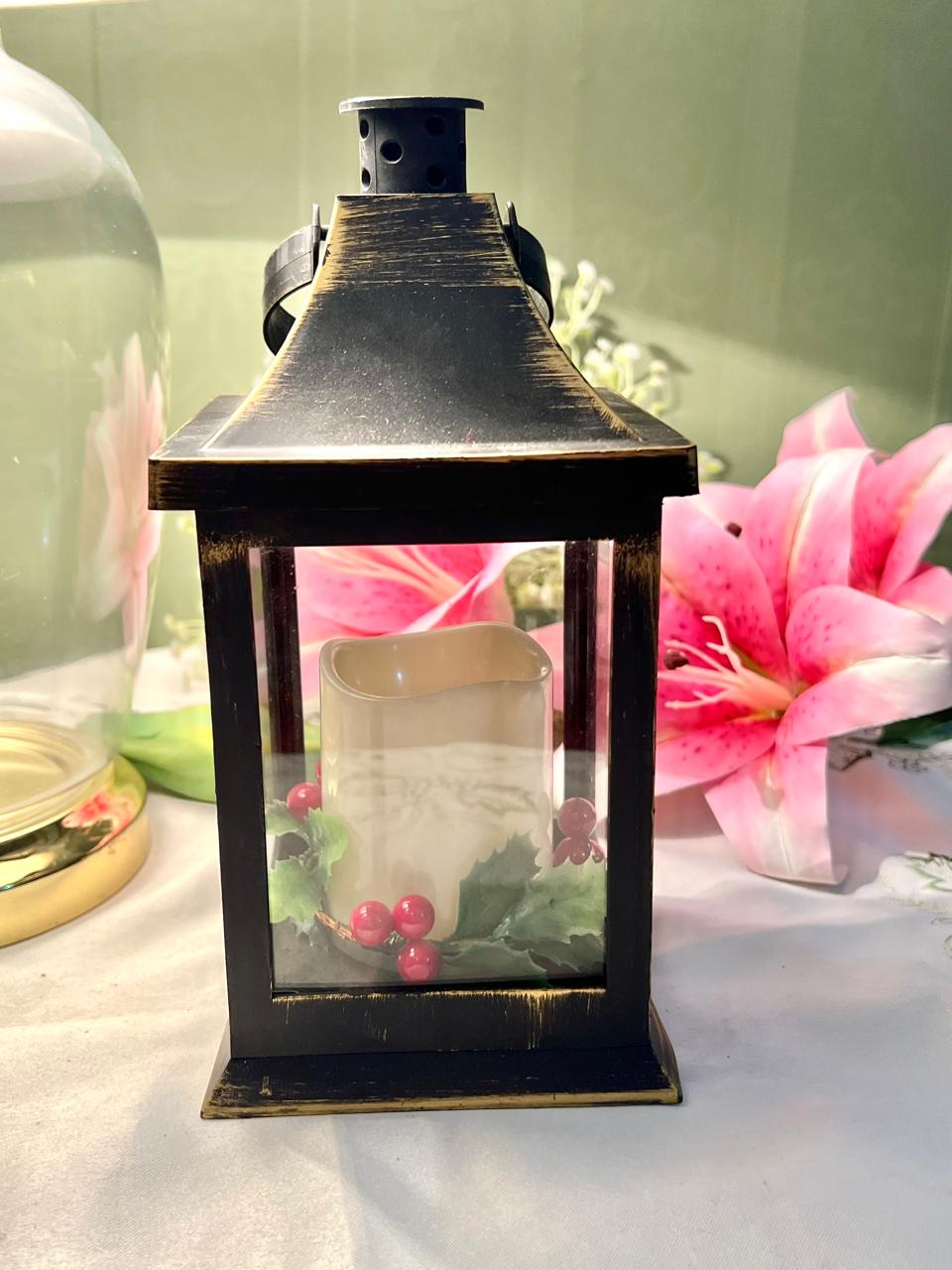 Vintage Black & Gold Candle Lantern Clear Crystal Panels (battery operated)