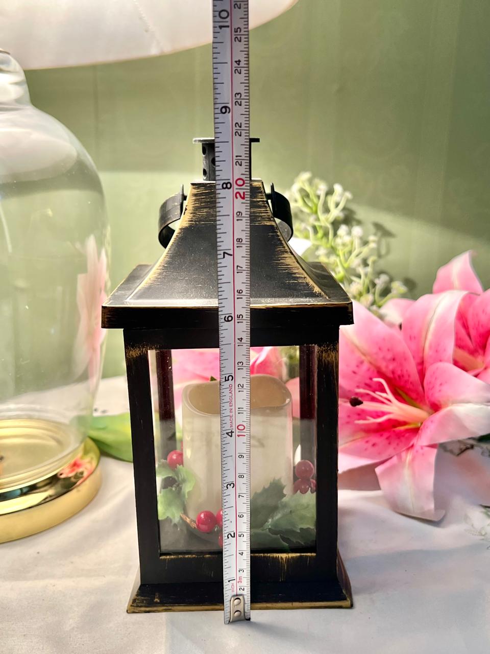 Vintage Black & Gold Candle Lantern Clear Crystal Panels (battery operated)