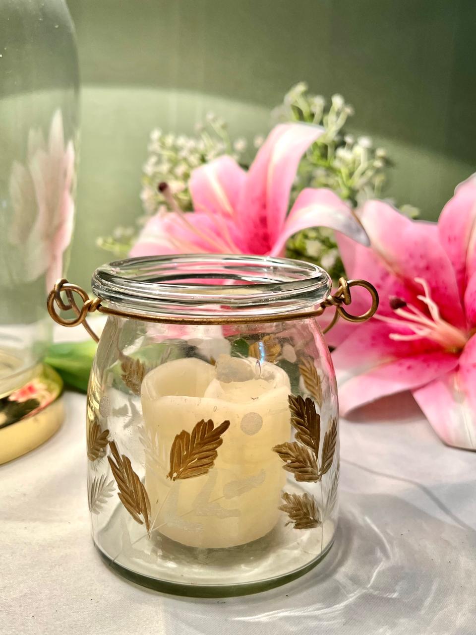 Vintage Clear Crystal Candle Jar Gold Leaf Detail