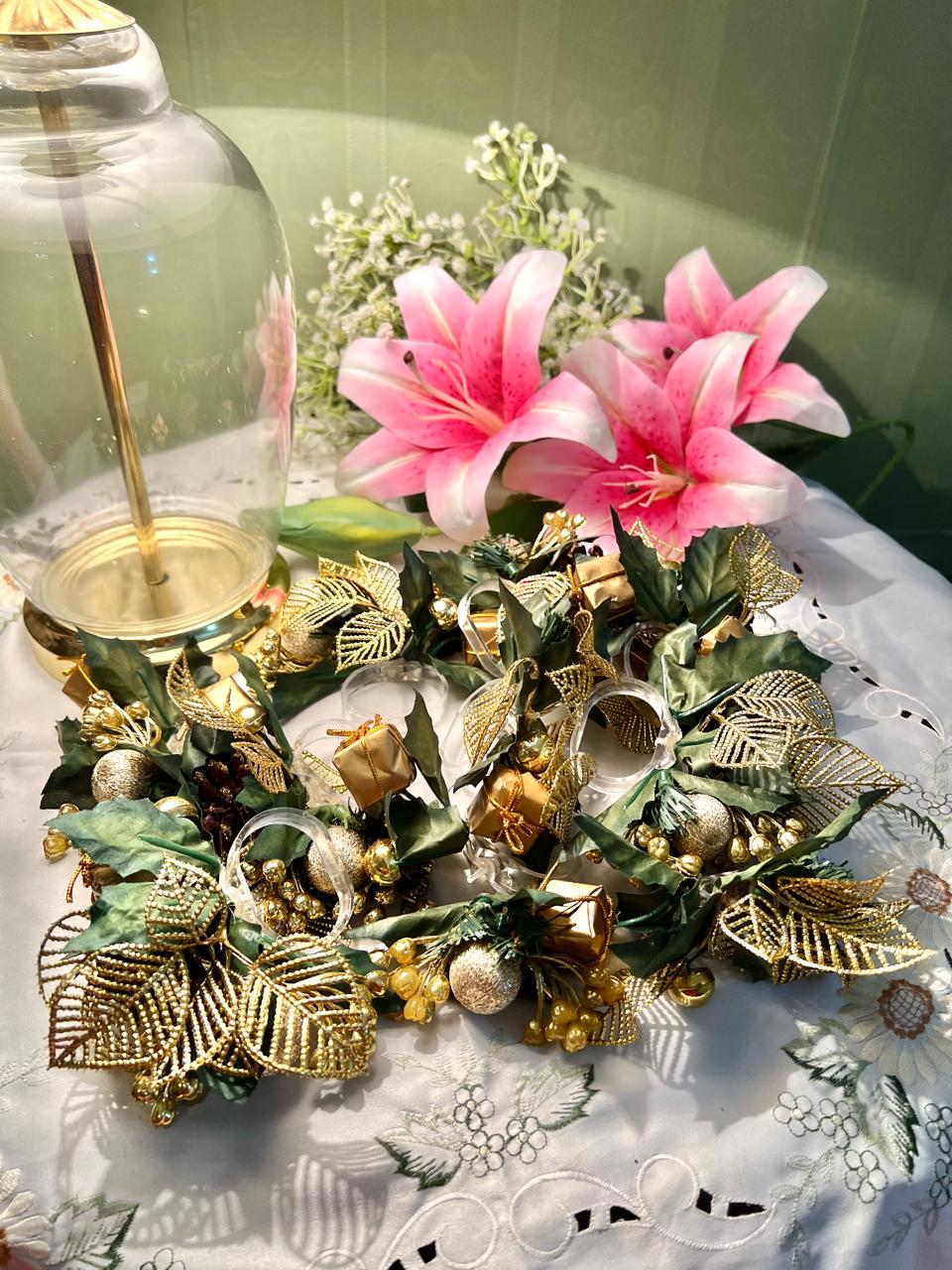 6-Piece Gold & Green Christmas Napkin Ring Set