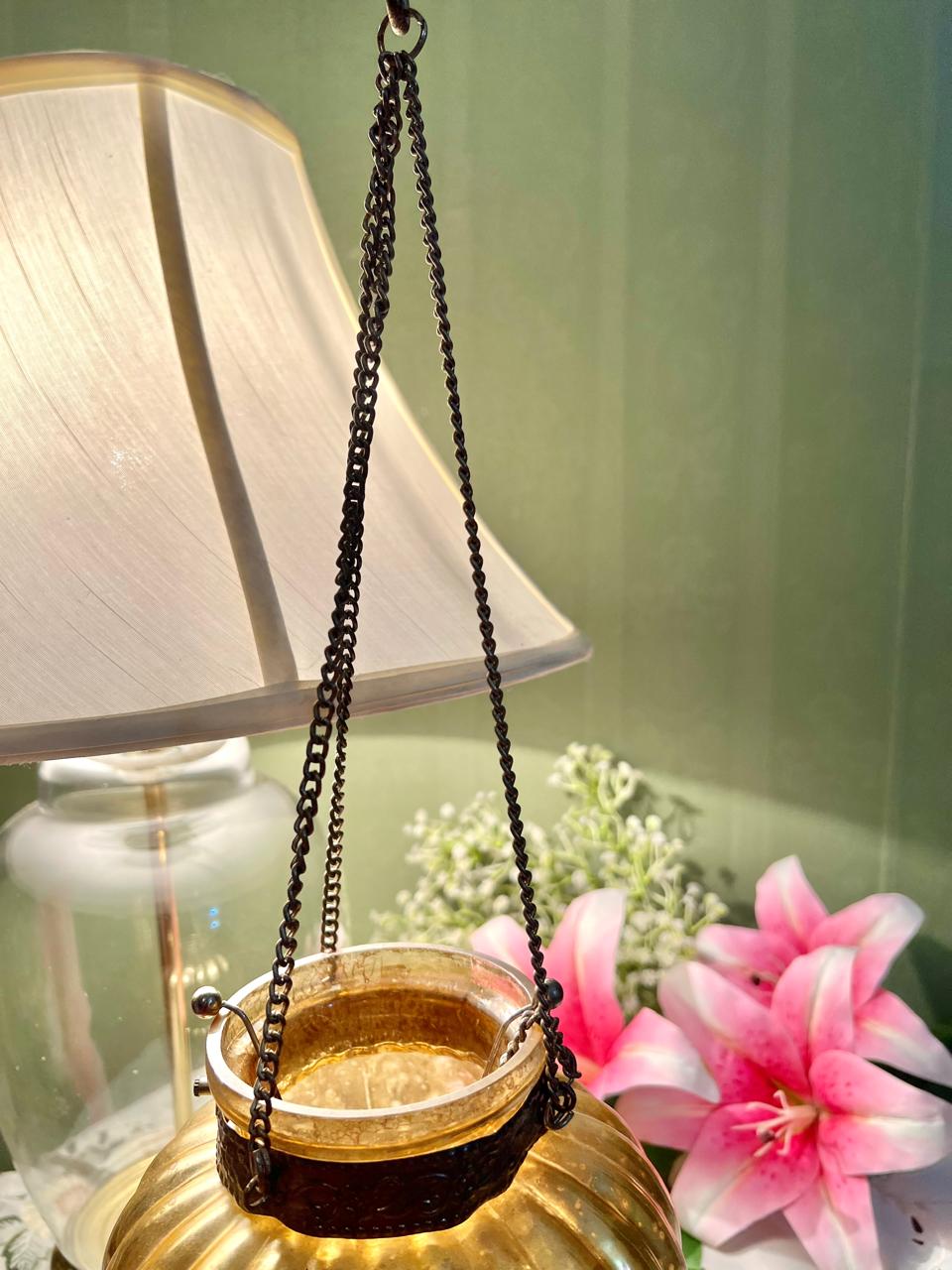 Amber Crystal Hanging Lantern Ribbed Gold-Tone Decor 21cm