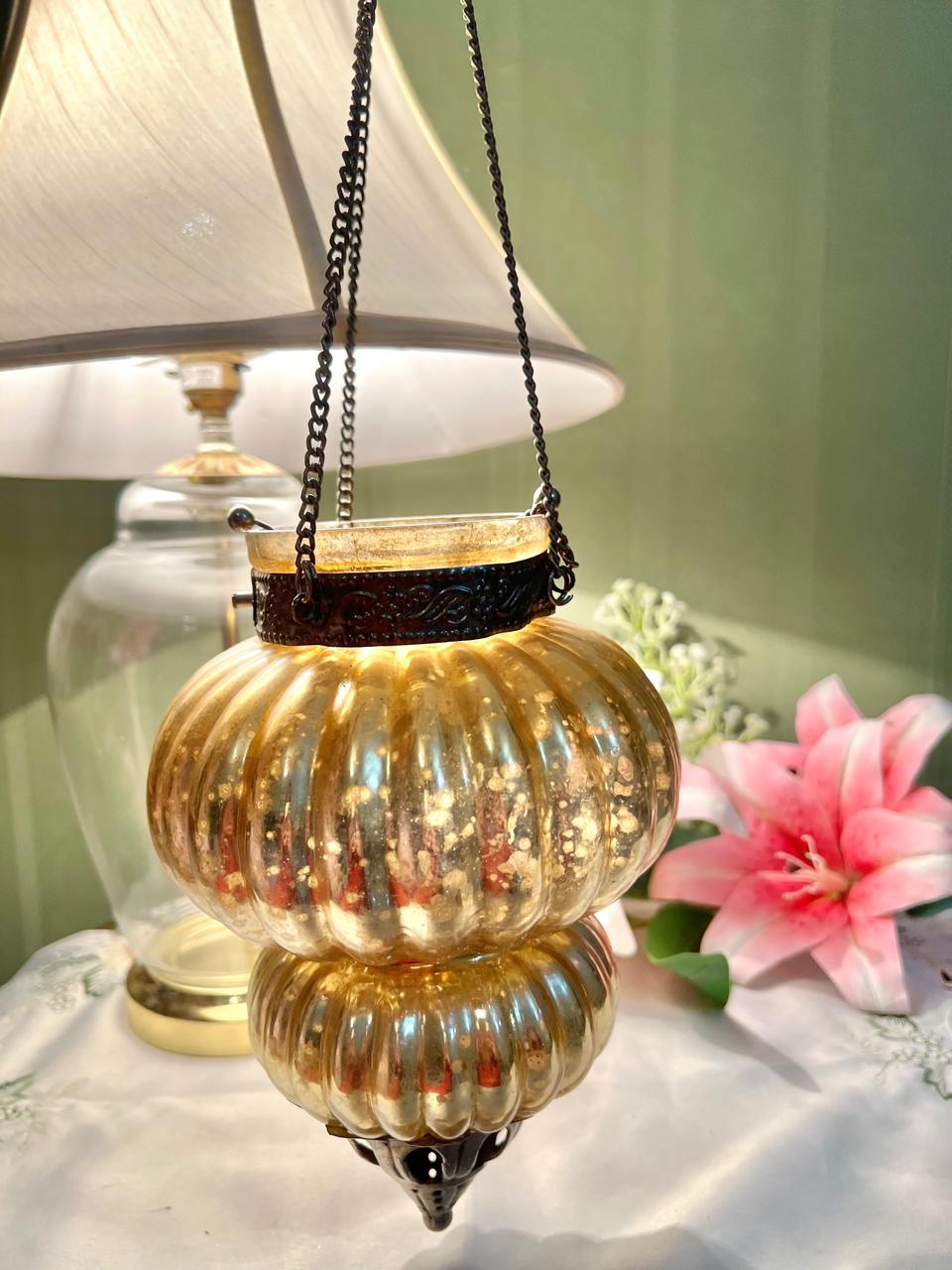 Amber Crystal Hanging Lantern Ribbed Gold-Tone Decor 21cm