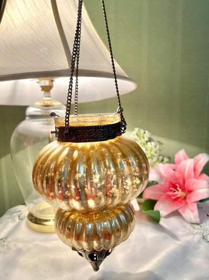 Amber Crystal Hanging Lantern Ribbed Gold-Tone Decor 21cm