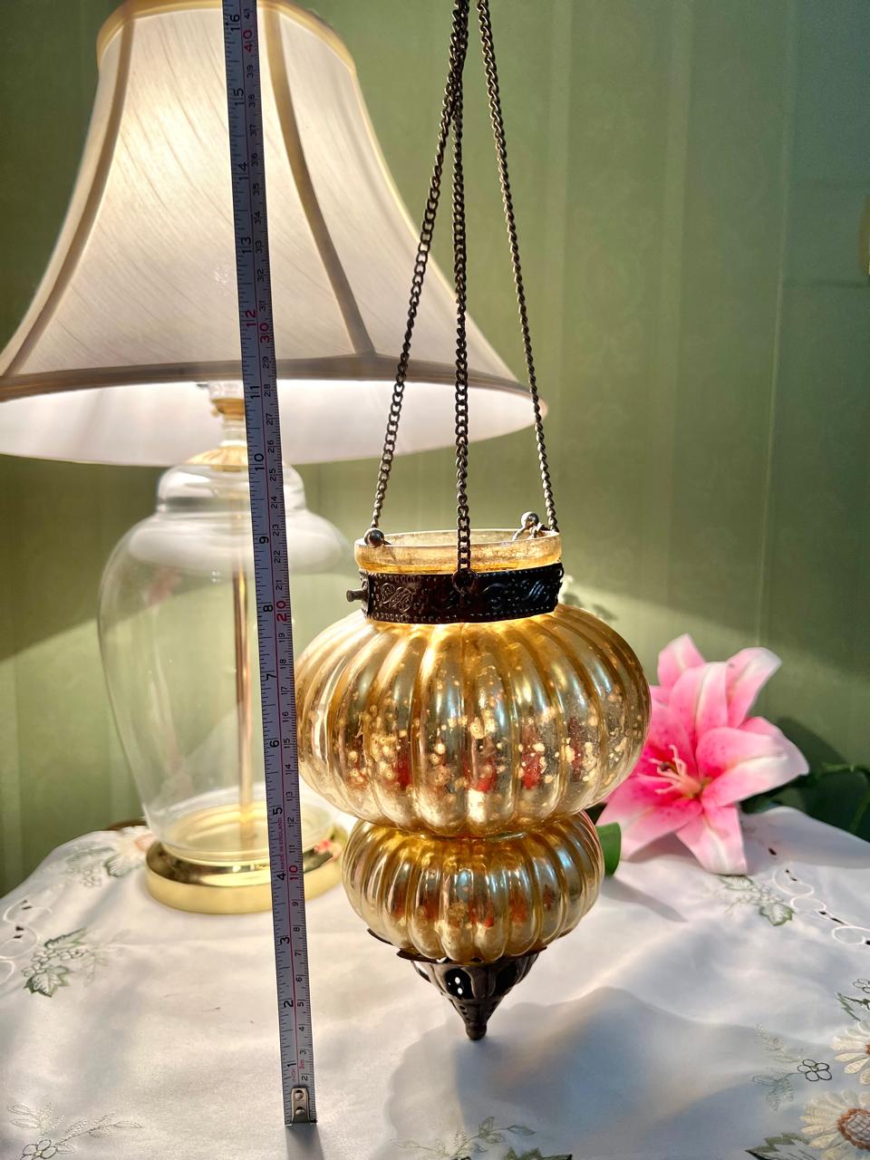 Amber Crystal Hanging Lantern Ribbed Gold-Tone Decor 21cm