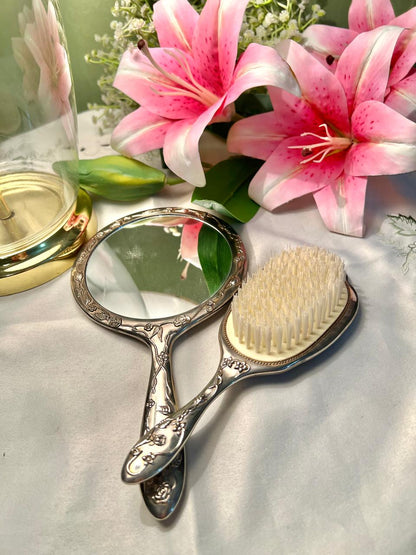 Antique Silver Floral Hand Mirror & Hair Brush Set 2pc 8 in