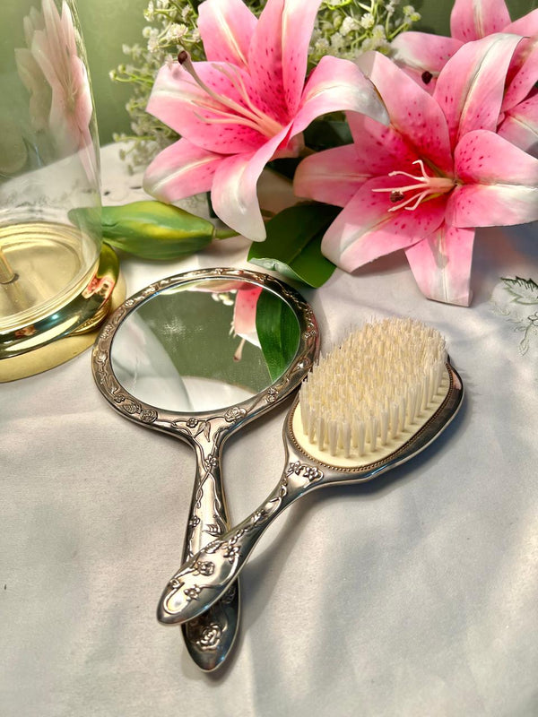 Antique Silver Floral Hand Mirror & Hair Brush Set 2pc 8 in
