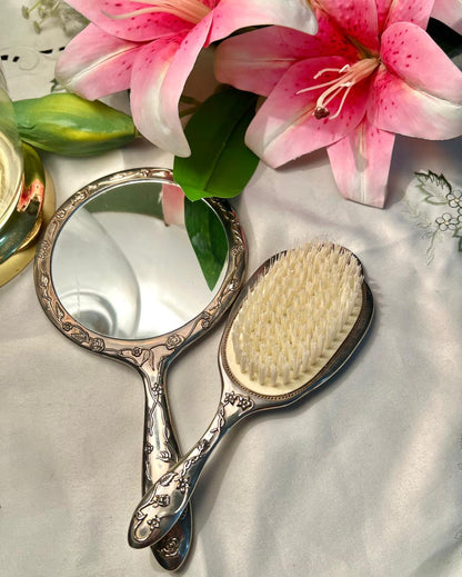 Antique Silver Floral Hand Mirror & Hair Brush Set 2pc 8 in