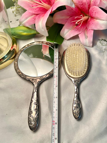 Antique Silver Floral Hand Mirror & Hair Brush Set 2pc 8 in