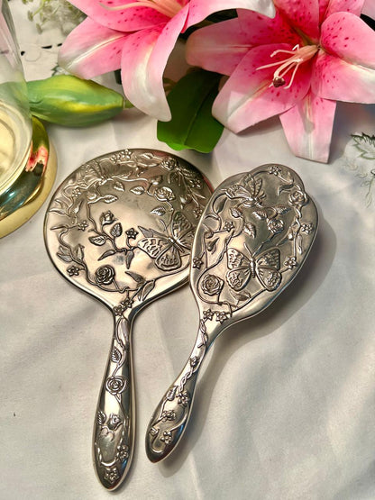 Antique Silver Floral Hand Mirror & Hair Brush Set 2pc 8 in