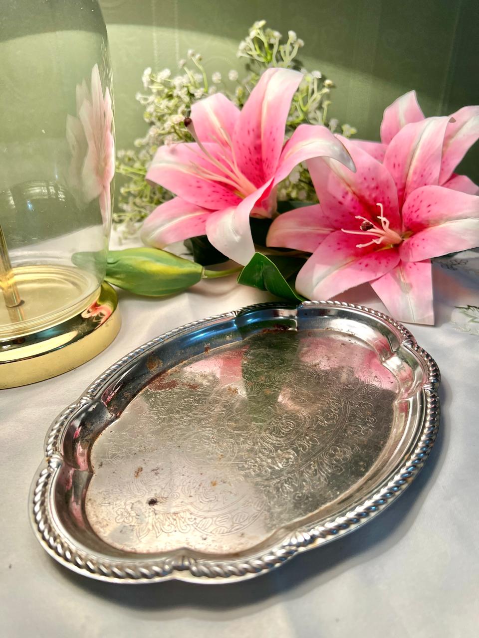 Queen Anne Silver Plated Oval Serving Tray with Rope Border 9 in