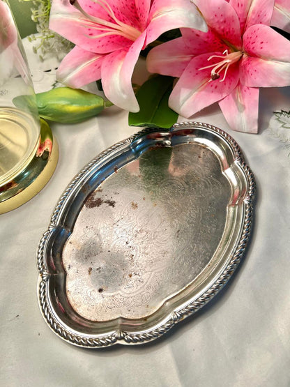 Queen Anne Silver Plated Oval Serving Tray with Rope Border 9 in