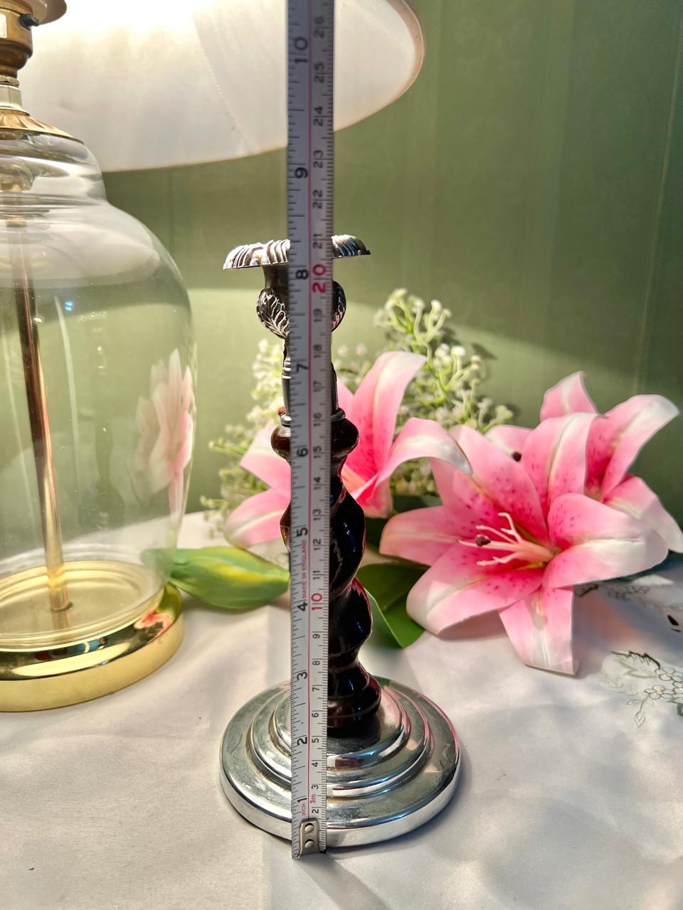 Silver Plated Dark Wood Candlestick Holder 8 in