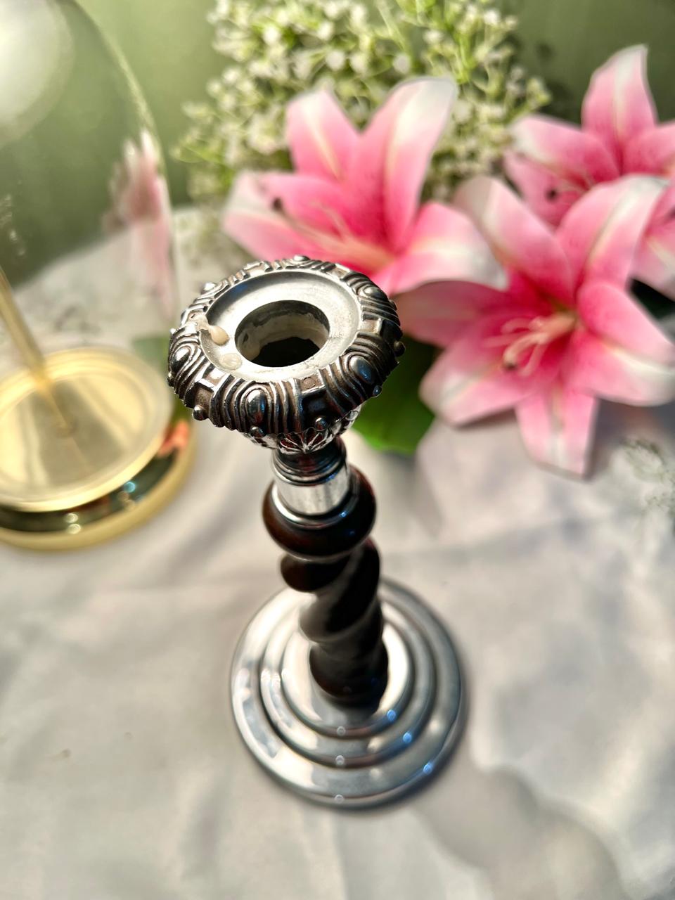 Silver Plated Dark Wood Candlestick Holder 8 in