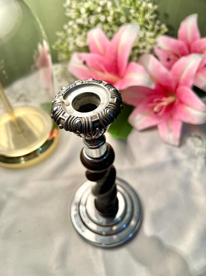 Silver Plated Dark Wood Candlestick Holder 8 in