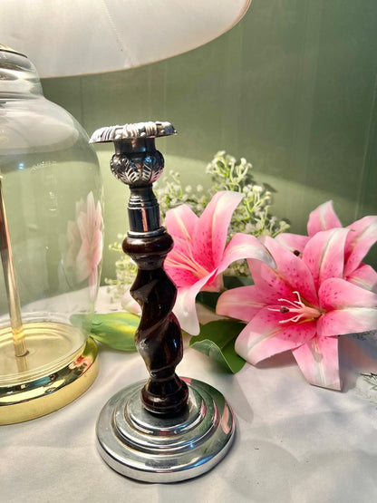 Silver Plated Dark Wood Candlestick Holder 8 in