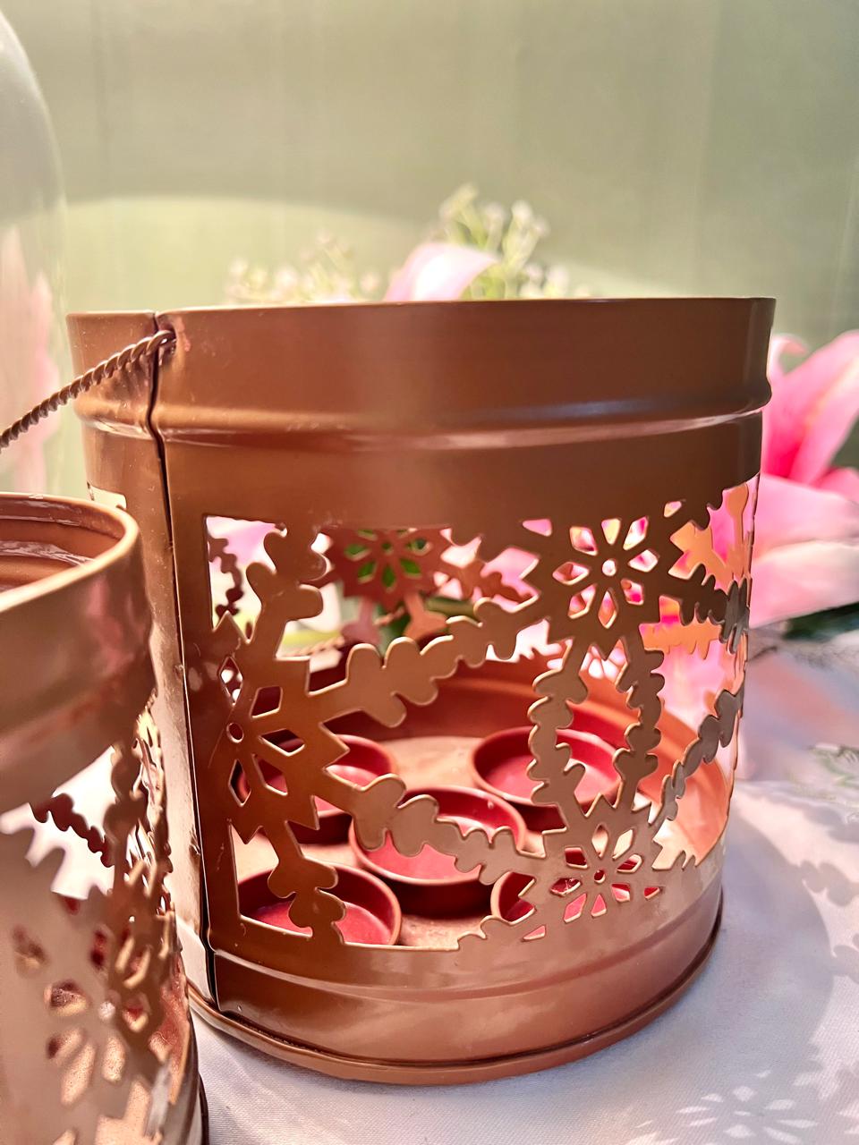 Copper-Toned Pierced Candle Lantern Holders Set of 2