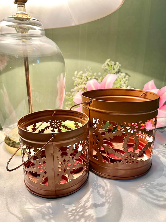 Copper-Toned Pierced Candle Lantern Holders Set of 2