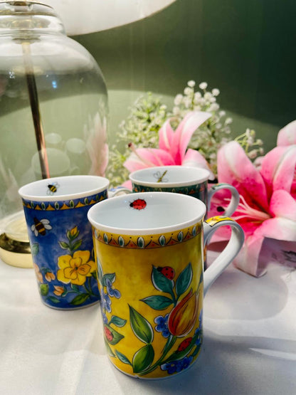 Floral Yellow & Blue 3-Piece Mug Set Approx. 10 cm