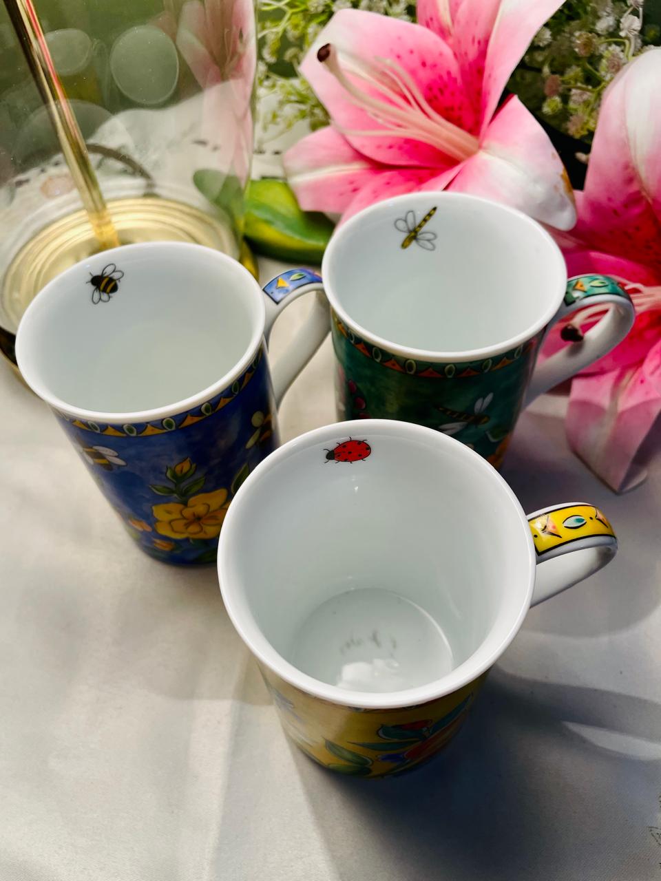 Floral Yellow & Blue 3-Piece Mug Set Approx. 10 cm