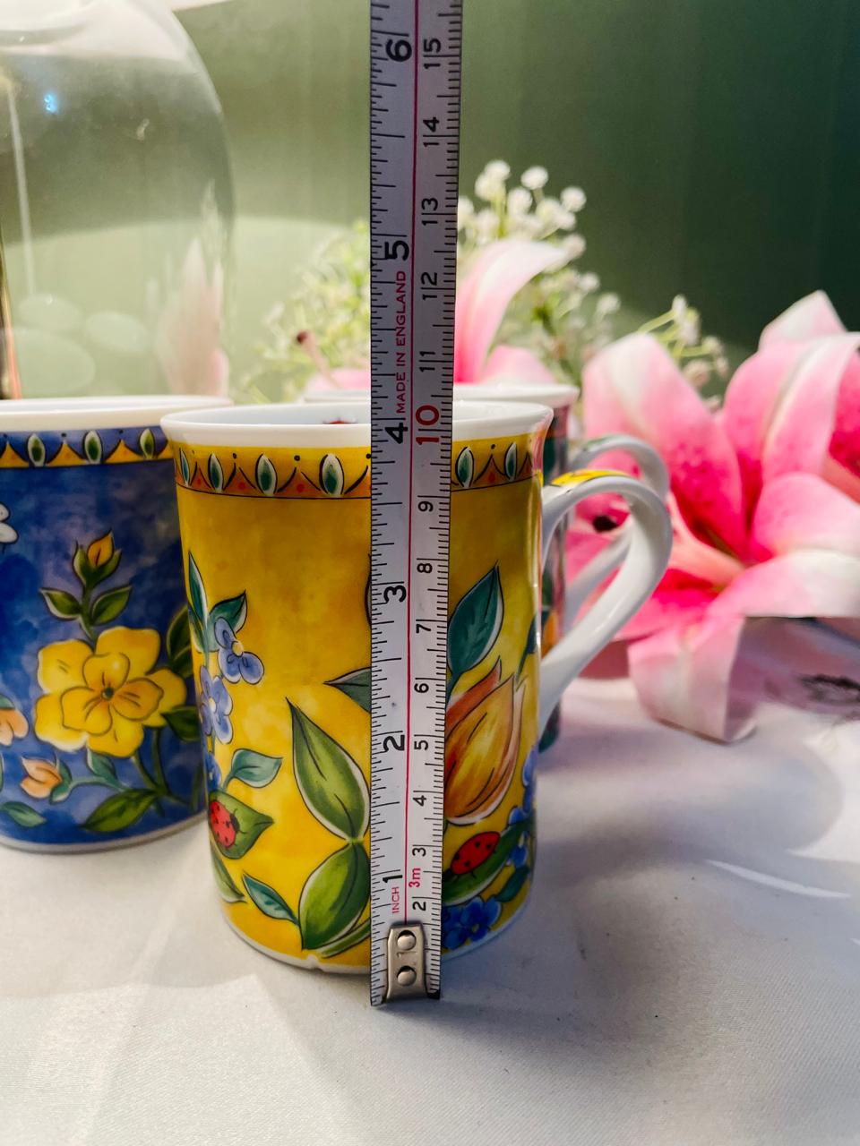 Floral Yellow & Blue 3-Piece Mug Set Approx. 10 cm