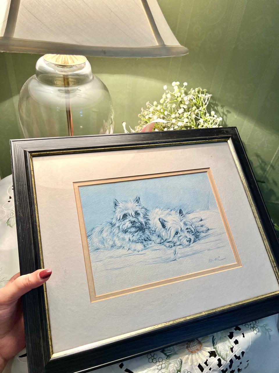 Framed Dog Artwork Blue Sketch Approx. 40 cm