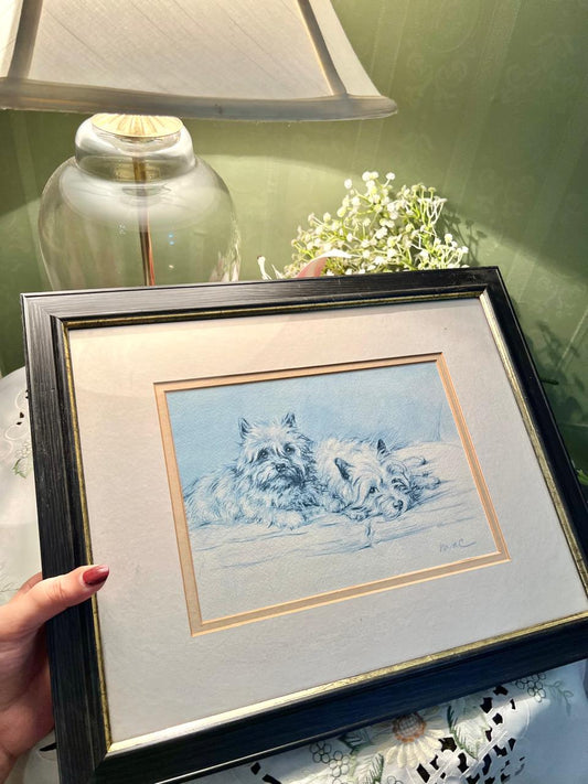 Framed Dog Artwork Blue Sketch Approx. 40 cm