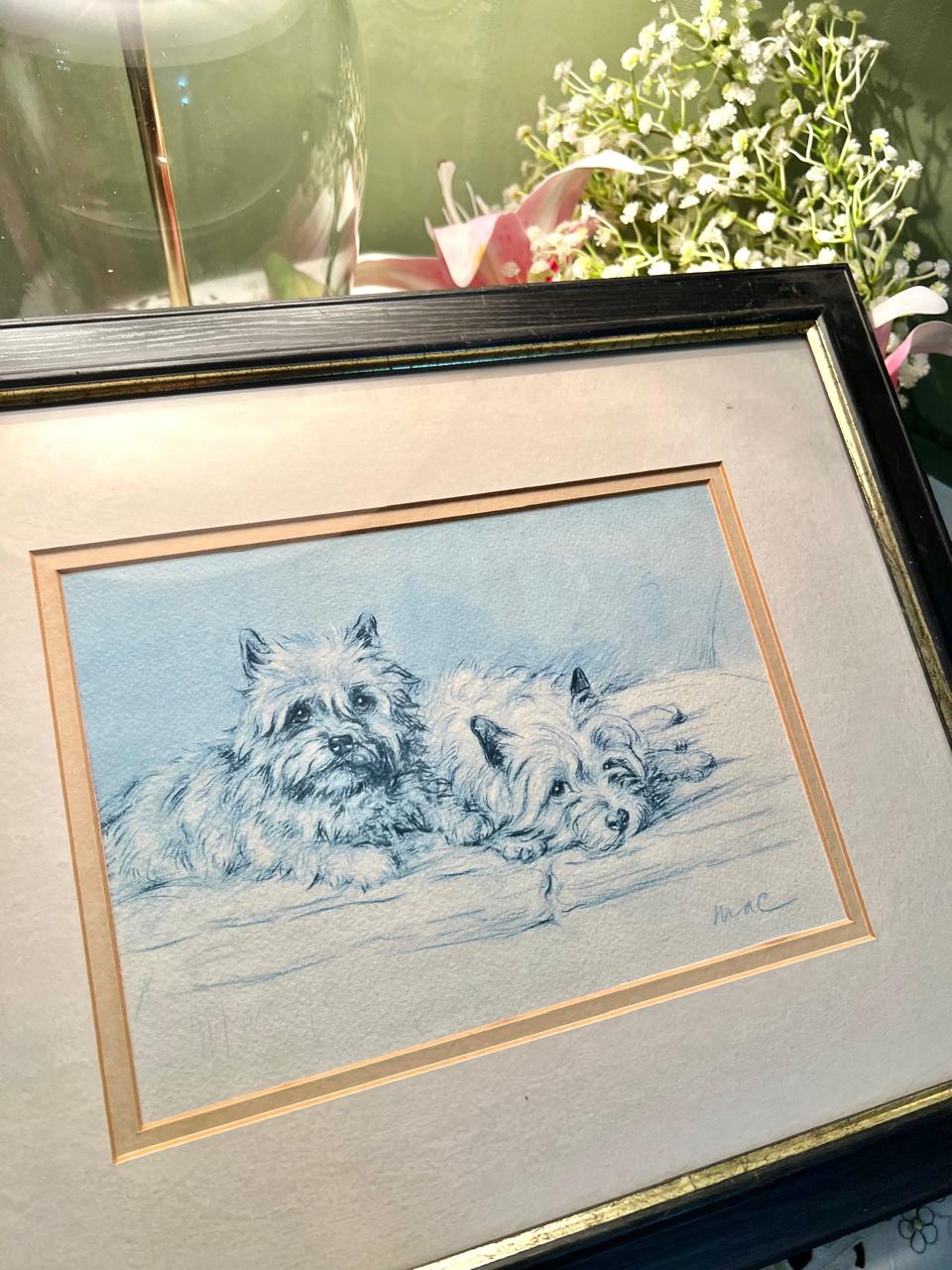 Framed Dog Artwork Blue Sketch Approx. 40 cm