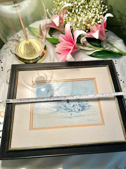 Framed Dog Artwork Blue Sketch Approx. 40 cm