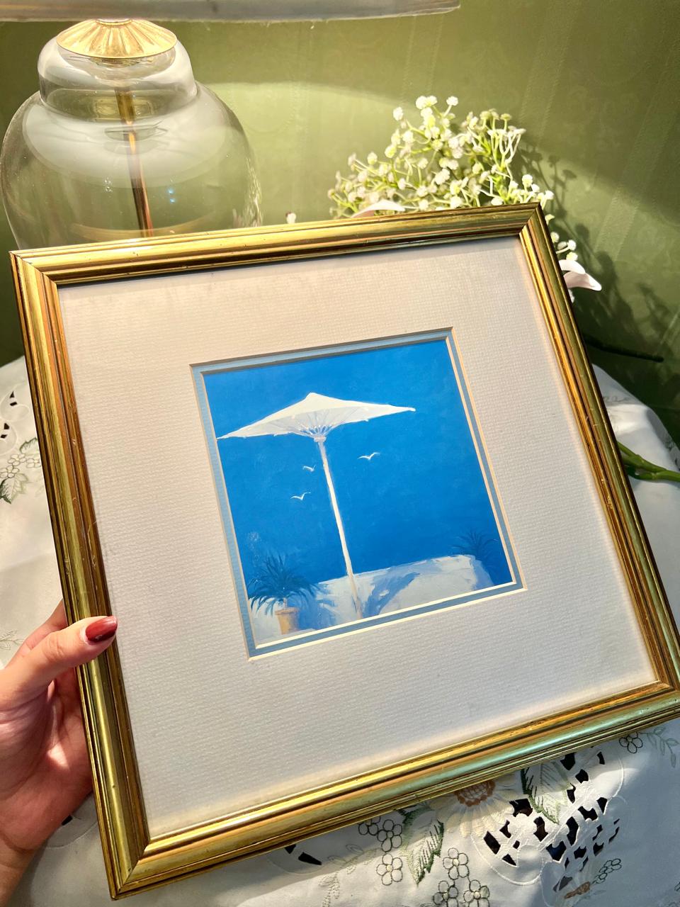 Framed Blue Floral Artwork Gold-Tone Frame Approx. 32 cm