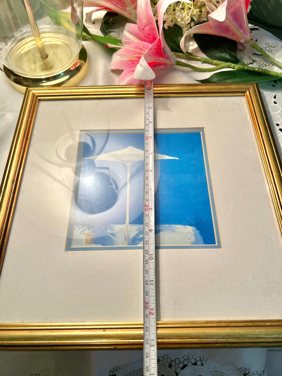 Framed Blue Floral Artwork Gold-Tone Frame Approx. 32 cm