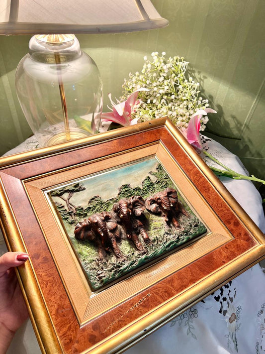 ANTIQUE Large Framed Elephant Relief Artwork Brown & Gold Approx. 40 cm