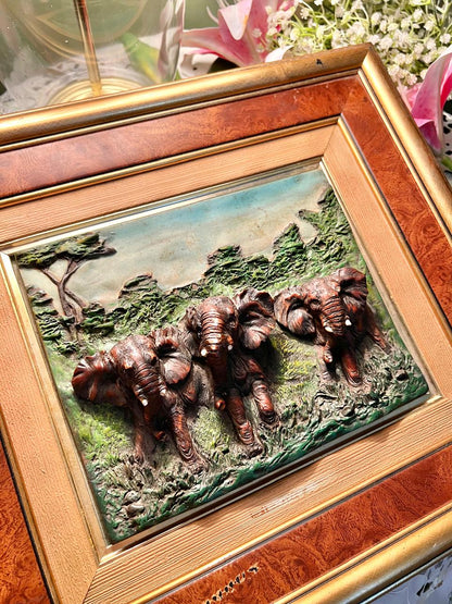 ANTIQUE Large Framed Elephant Relief Artwork Brown & Gold Approx. 40 cm