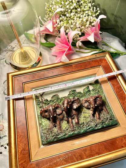 ANTIQUE Large Framed Elephant Relief Artwork Brown & Gold Approx. 40 cm