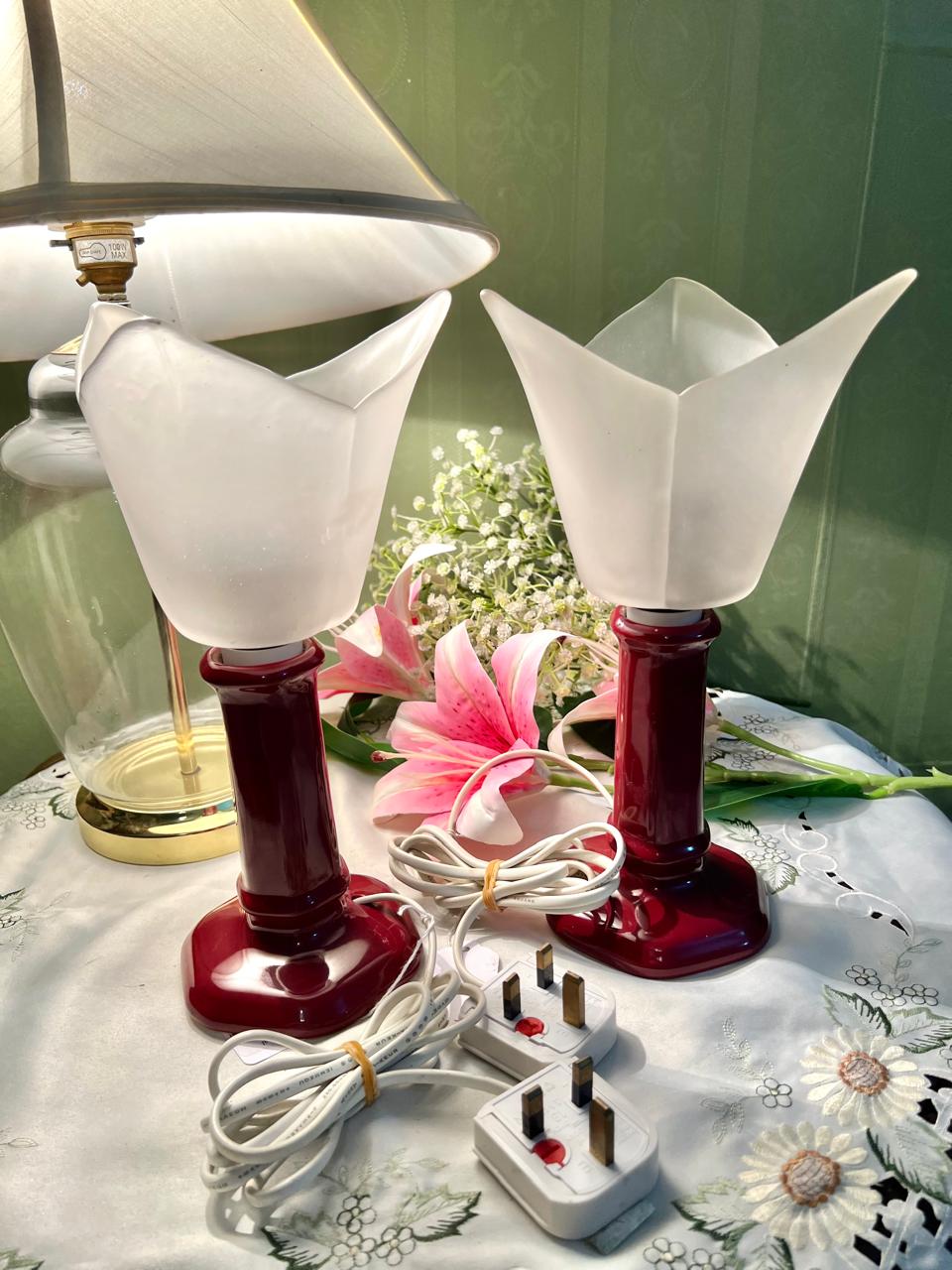 Burgundy Table Lamps with Frosted Shades 2-Piece Set Approx. 30 cm