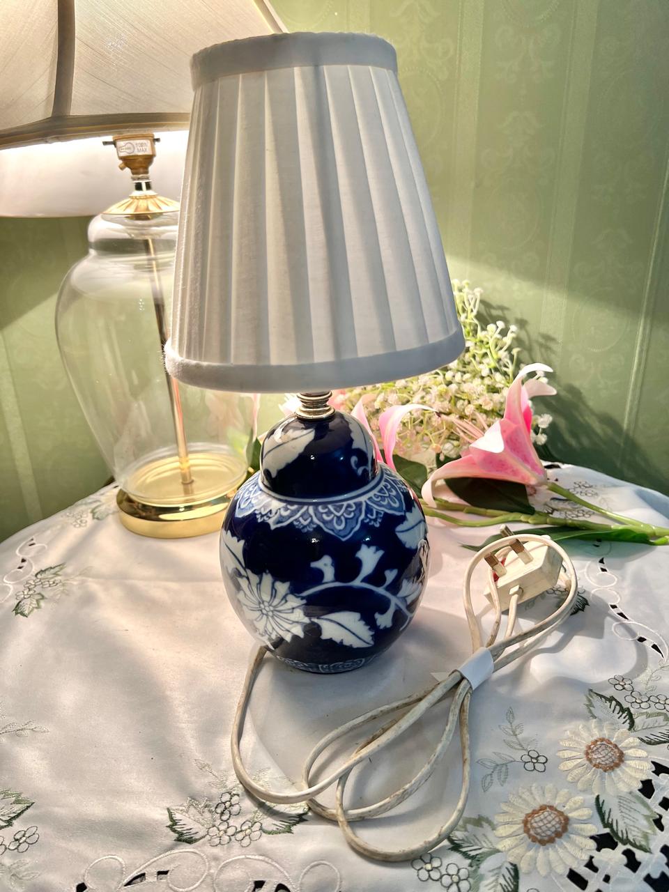 Blue & White Floral Table Lamp with Pleated Shade Approx. 33 cm