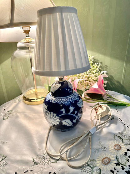 Blue & White Floral Table Lamp with Pleated Shade Approx. 33 cm