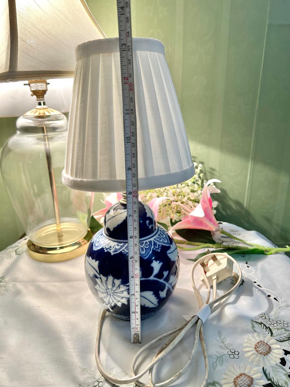 Blue & White Floral Table Lamp with Pleated Shade Approx. 33 cm