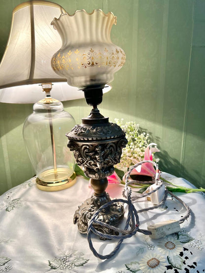 Ornate SilverTable Lamp with Frosted Shade Approx. 42 cm