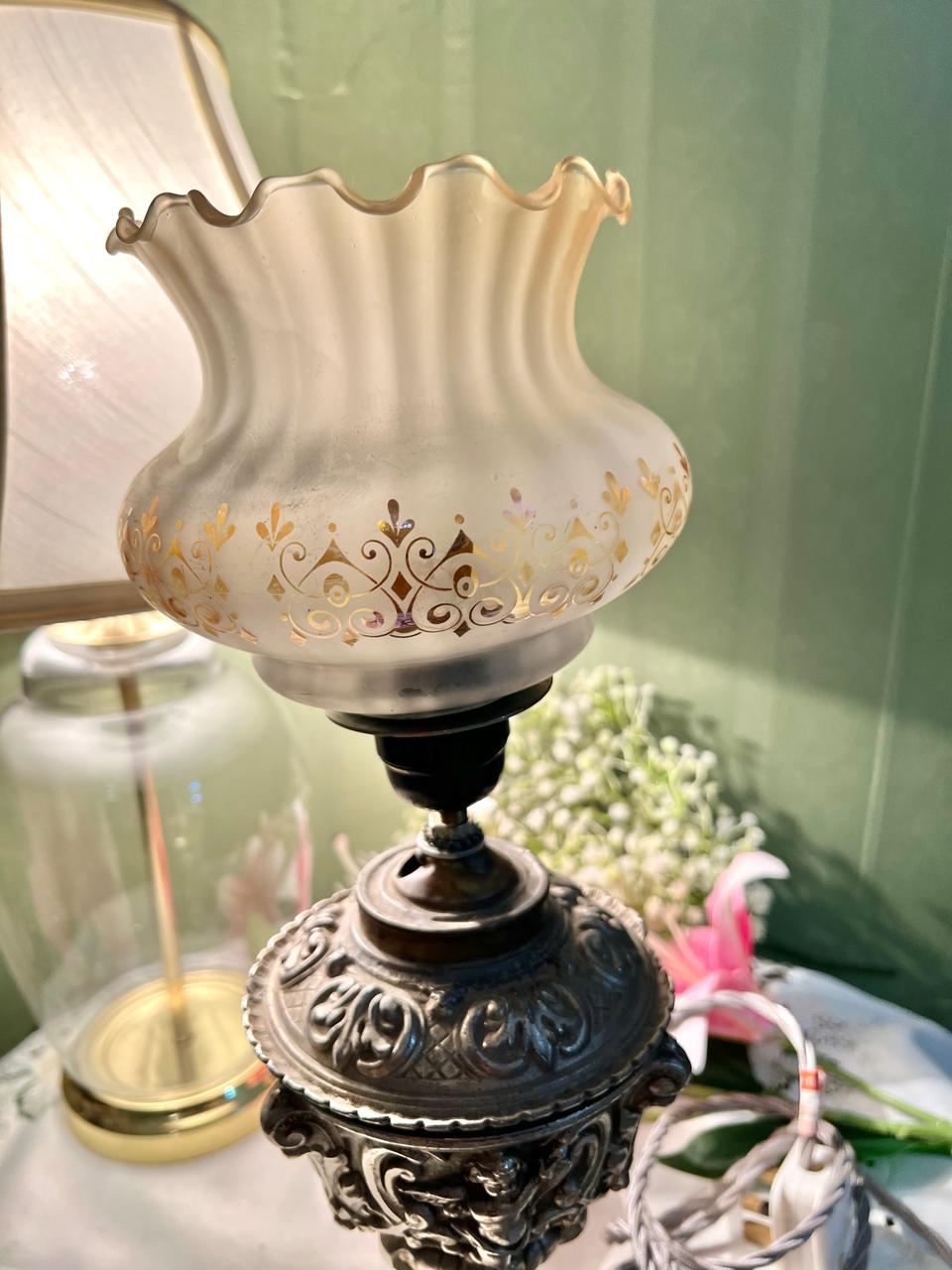 Ornate SilverTable Lamp with Frosted Shade Approx. 42 cm