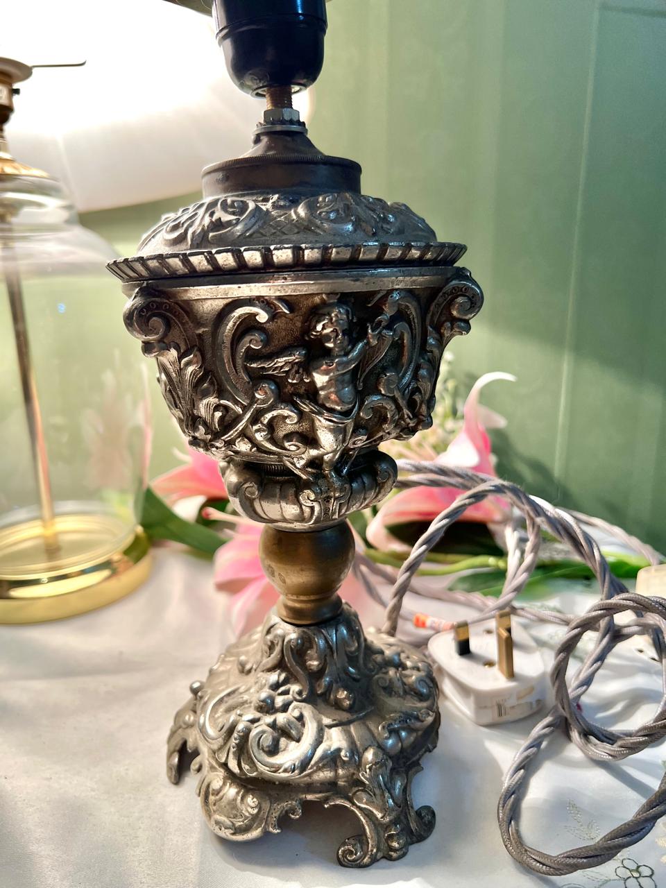 Ornate SilverTable Lamp with Frosted Shade Approx. 42 cm