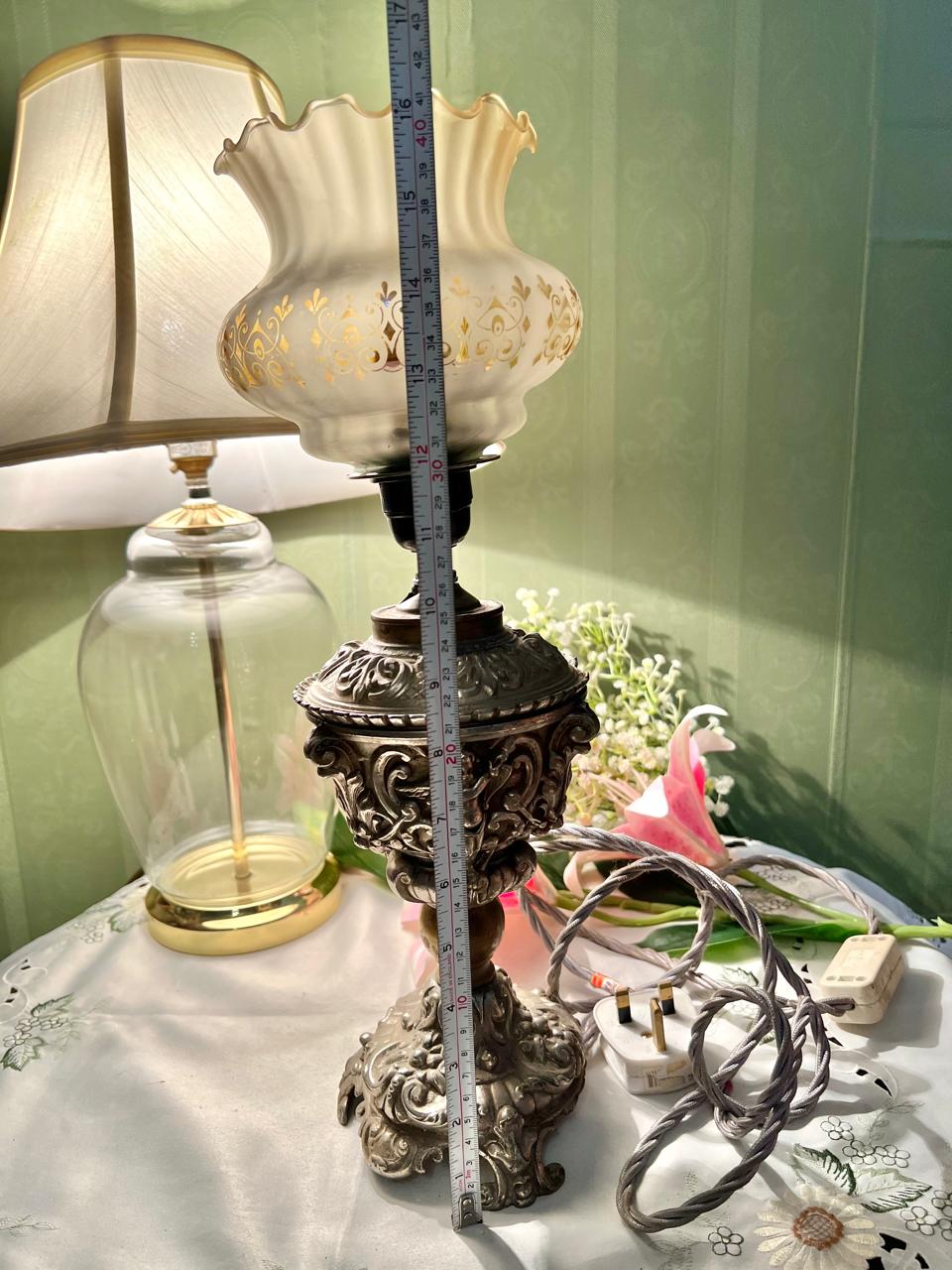 Ornate SilverTable Lamp with Frosted Shade Approx. 42 cm