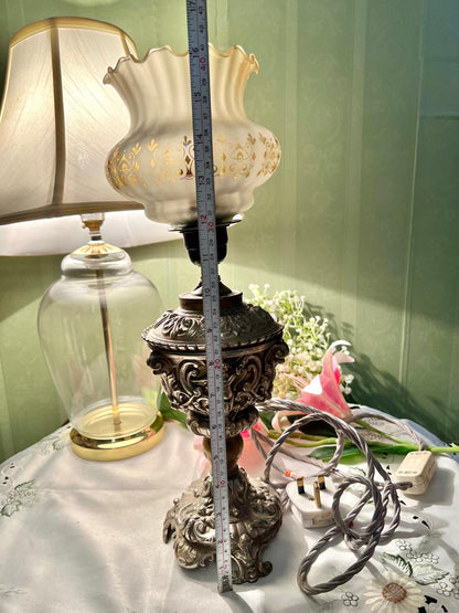 Ornate SilverTable Lamp with Frosted Shade Approx. 42 cm